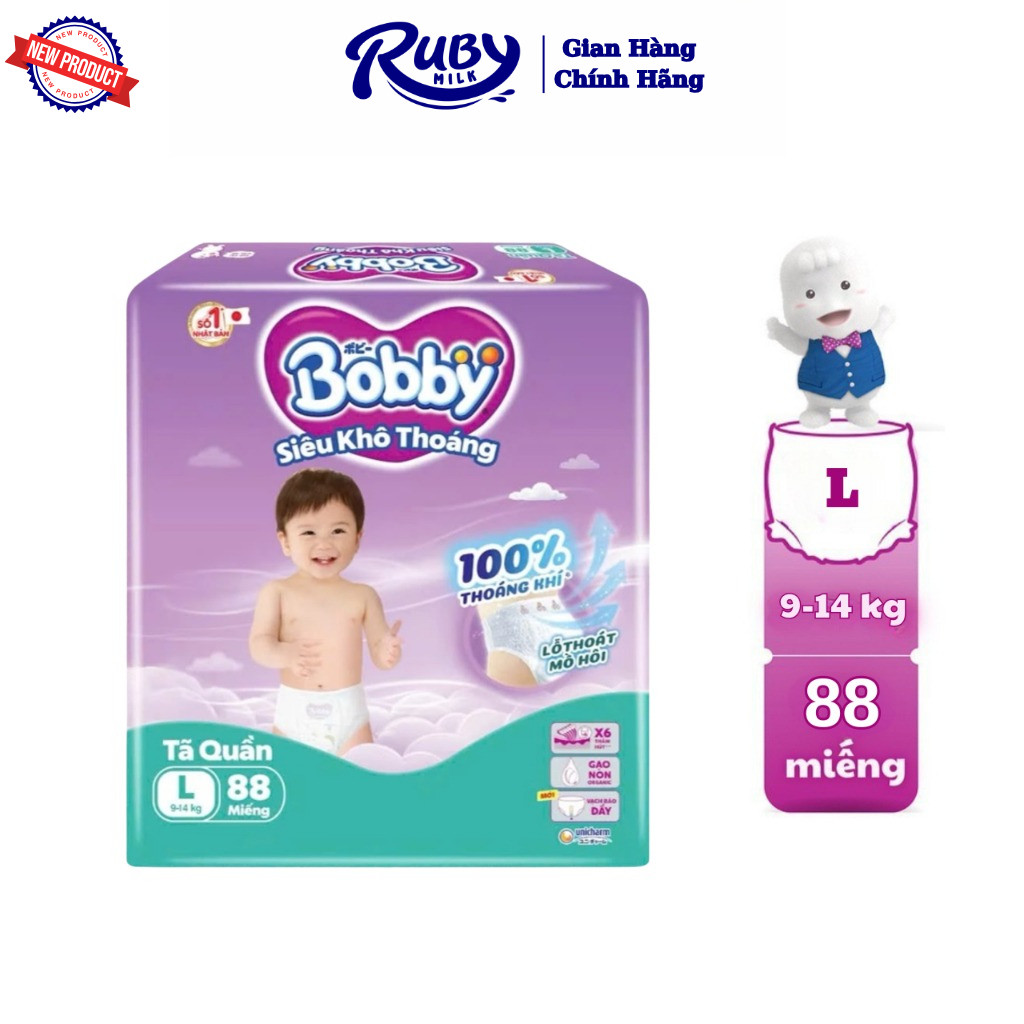 [ MẪU MỚI ] Tã quần Bobby Siêu Khô Thoáng - 100% Thoáng Khí Mega Jumbo L88