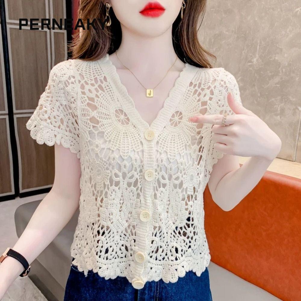 Áo móc PERNEAKY thêu cổ chữ V, style dệt kim boho phù hợp mùa hè