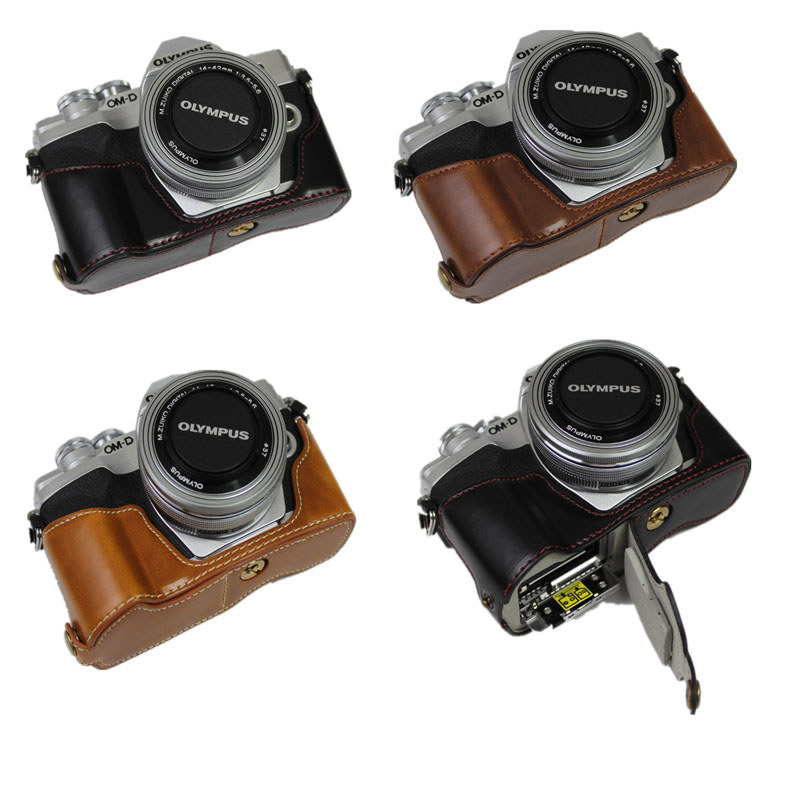 Da PU Nửa Thân Camera Dành Cho Olympus EM10 Mark IV EM10IV Vỏ Máy Ảnh Túi Đáy Mở Đế Protecor