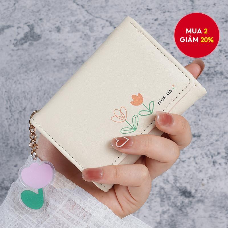 Ví PU Phong Cách Hàn Quốc - Thiết Kế Nhỏ Gọn 3 Tầng - In Bó Hoa Hoạt Hình Dễ Thương - Phụ Kiện Thời Trang Sinh Viên​