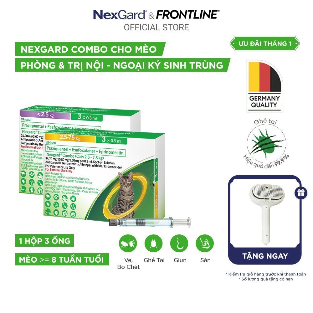  NexGard COMBO - Ống nhỏ gáy phòng nội ngoại ký sinh dành cho mèo - 1 hộp 3 ống 