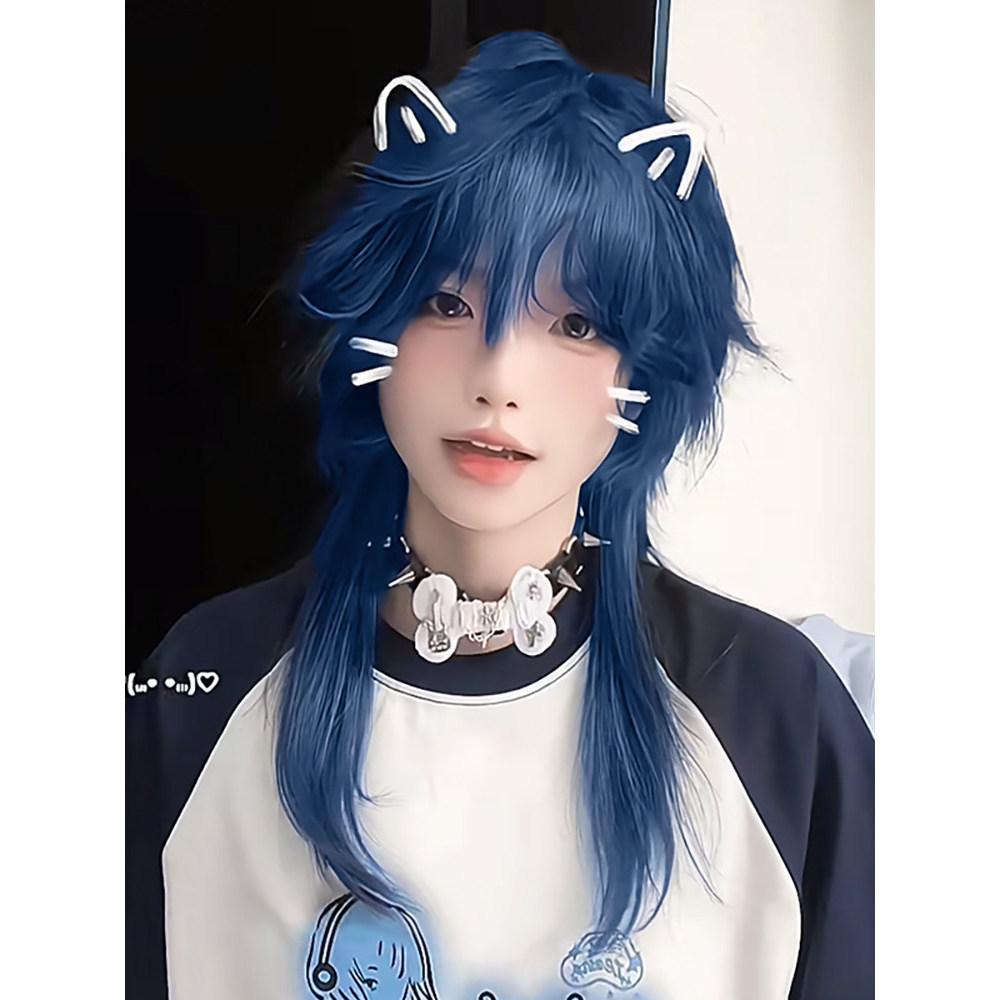 🔥 Đuôi Sói Mullet 🔥 cosplay Tóc Giả Unisex Full Head Cover Tóc giả mullet đuôi sói màu xanh, phù hợp