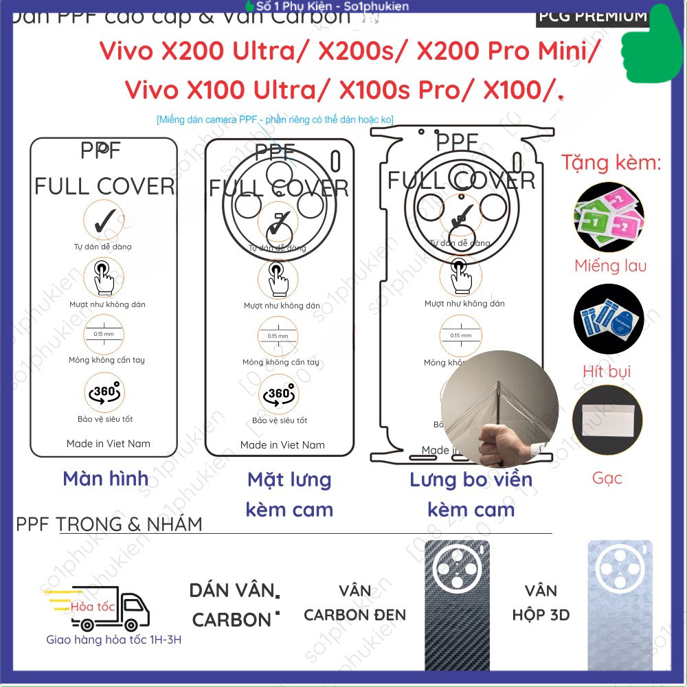 Dán PPF & Skin Carbon Vivo X200 X200S X200Pro/ X100 X100s X100Pro Pro Mini Ultra trong, nhám màn hìn