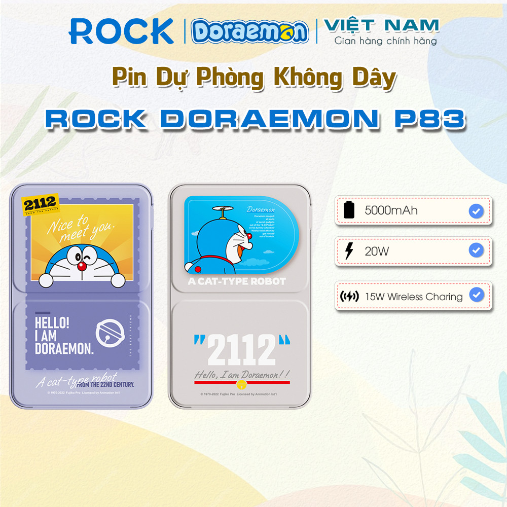 Pin Dự Phòng Không Dây ROCK Doraemon P83 (5000mAh, Tích Hợp MagSafe, Doraemon Authentic Licensed)