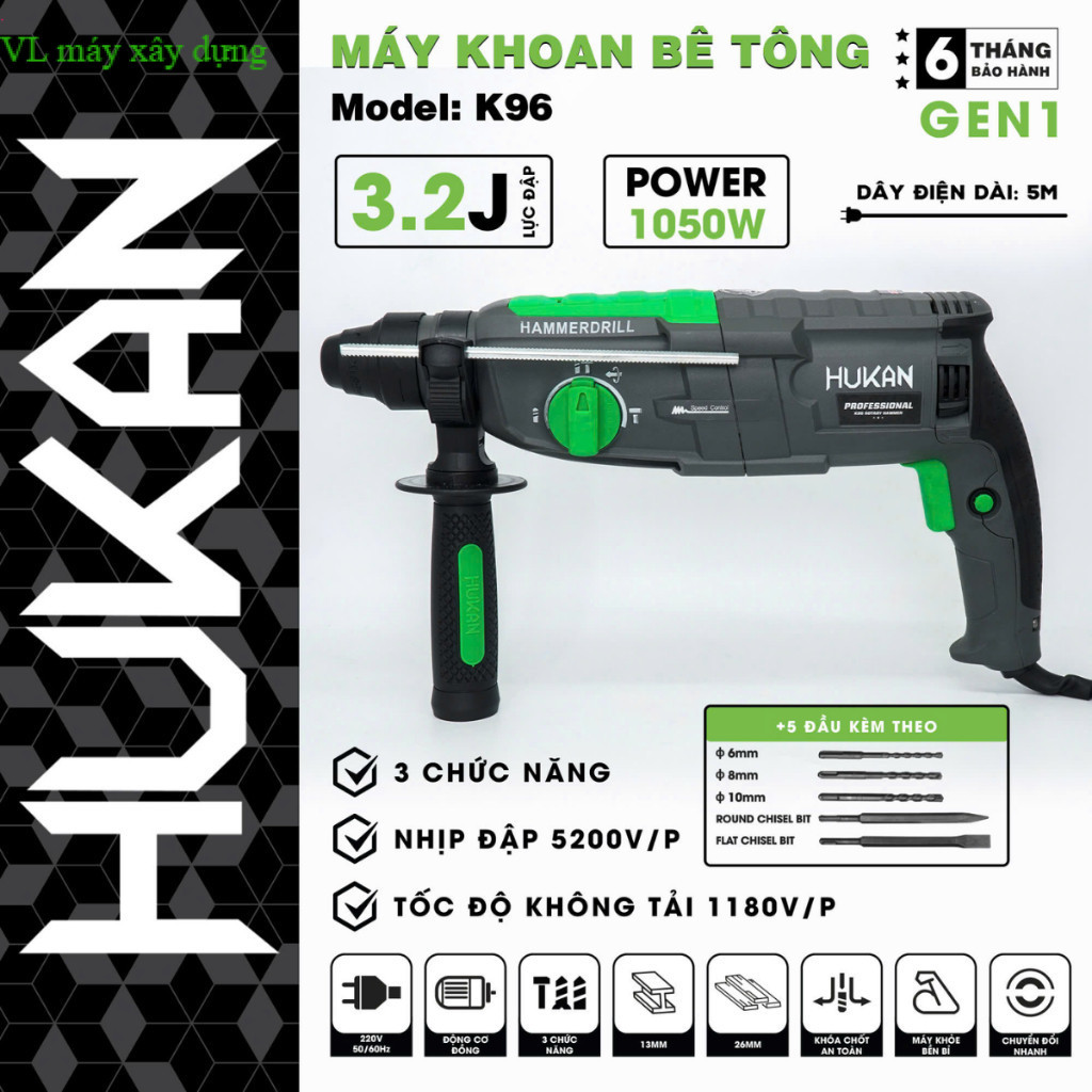Máy Khoan Bê Tông HUKAN K96 3 Chức Năng Đa Năng Khoan - Cắt - Đục , Công Suất 1050W. VL máy móc