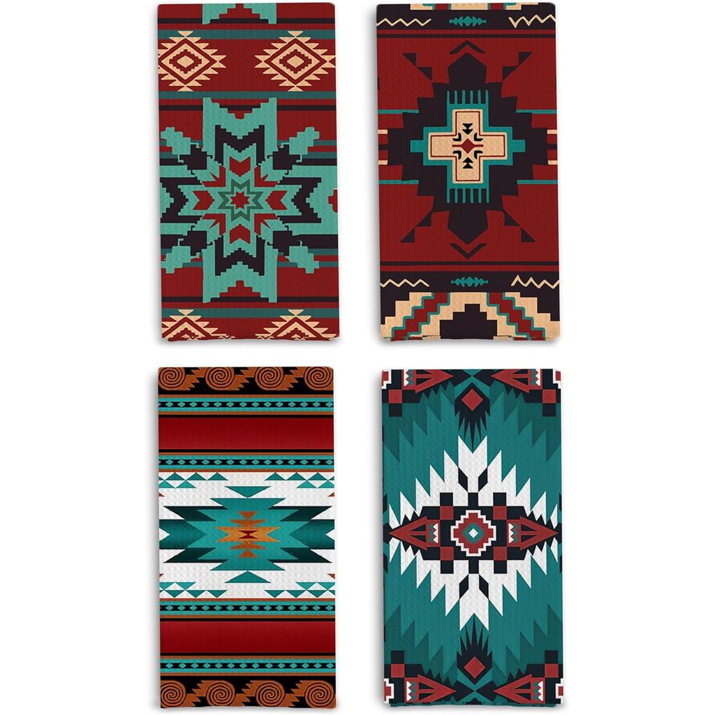 Bộ 4 khăn lau nhà bếp Boho Western Aztec, Khăn tay trang trí người Mỹ bản địa Tây Nam Aztec cho phòn