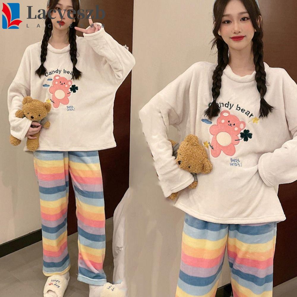 Bộ Đồ Ngủ Nữ LACYESZB, Kitty Cat Bear Rabbit Coral Fleece Sleepwear, Kawaii Sang Trọng Dài Tay Cầu V