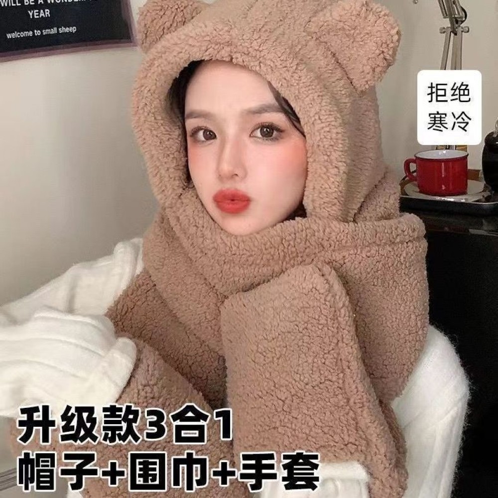 Mũ Lông Cừu 3in1 Tai Gấu Mũ Kèm Khăn Quàng Cổ Và Sỏ Tay Kiểu Dáng Hàng Quốc Mẫu Mới BoBo57 ✨Stars09.