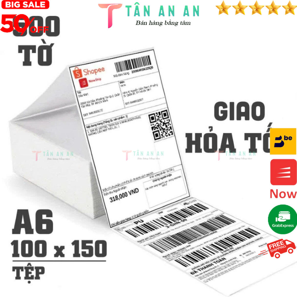 Giấy In Nhiệt 100x150 Khổ A6 Tệp 500 Tem Sẵn Lớp Dán Đơn hàng Shopee 100x150 - Tân An An