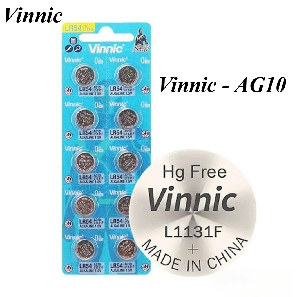 Vỉ 10 viên pin VINNIC AG10 / L1131F / G10 / LR54 / L1130 / C10 1.5V - Chính hãng