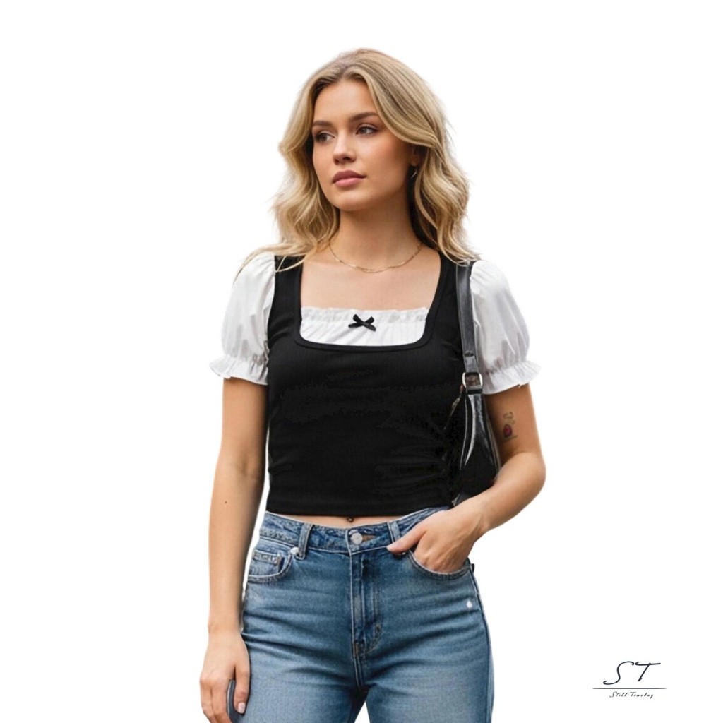 CY03-Áo cổ vuông dành cho nữ Áo thun ngắn tay phồng Viền Slim Fit Crop Tee Clubwear