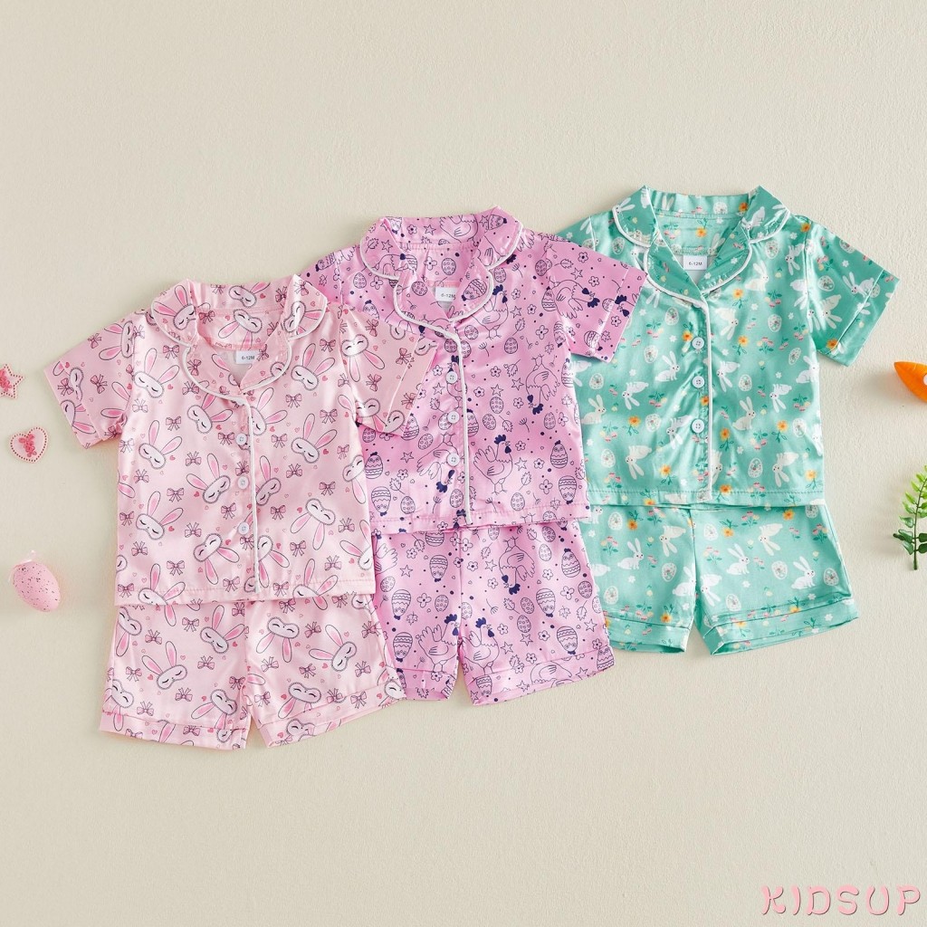 KIDSUP1-Toddler Bộ đồ ngủ Phục sinh cho bé gái Bộ đồ ngủ ngắn tay Bunny Áo và quần Short Bộ trang ph