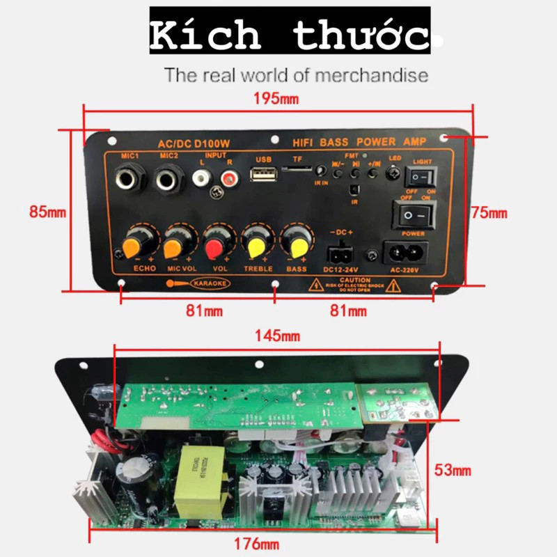 Mạch loa D100 Bluetooth 5.0 hát Karaoke công suất lớn 120W, 12V/24V/220V lắp loa kéo (với đủ phụ kiệ