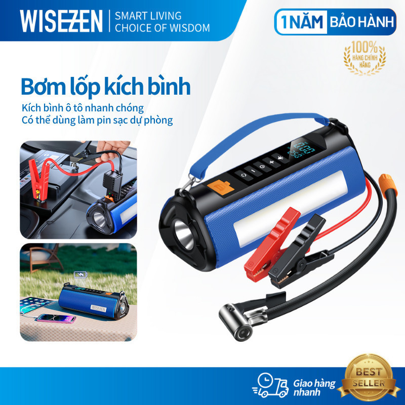 Kích Bình ô Tô 12v Bơm Lốp ô Tô Kích Bình 4in1 Wisezen Tích Hợp Sạc Dự Phòng Và đèn Pin Chiếu Sáng