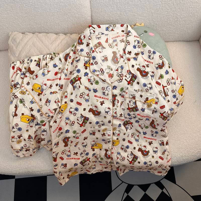 Summer Hello Kitty Pajamas Women's Cartoon Short-Sleeved Shorts Sweet Style Home Wear Can Be Worn ou