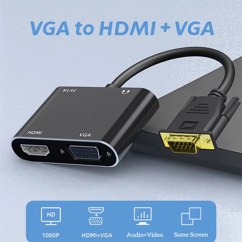 VGA to HDMI-Compatible Adapter VGA Splitter with 3.5mm Audio Converter Support Dual Display for Proj