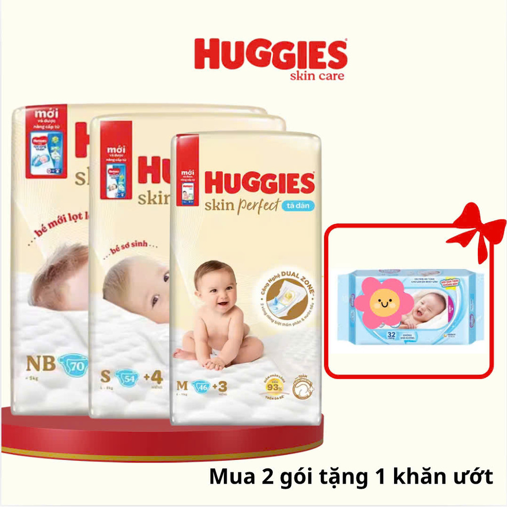 Tã dán sơ sinh Huggies Skin perfect (Full SIze Sơ sinh ) Nb70+4/ S54+4 / M46+3 / S80+2 /M76+3 Date luôn mới nhất