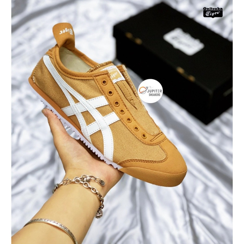 Onitsuka Tiger Slip-On Brown White Shoes • Túi giấy và tất miễn phí • Onitsuka Tiger Slip On Shoes