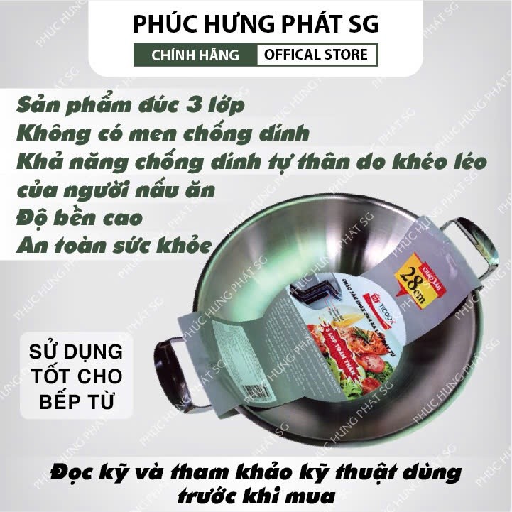 Chảo Sâu Lòng Inox 304 Ba Lớp Đáy Từ Ticook, Chảo 2 Quai Siêu Bền An Toàn Sức Khỏe, 26-28-32cm