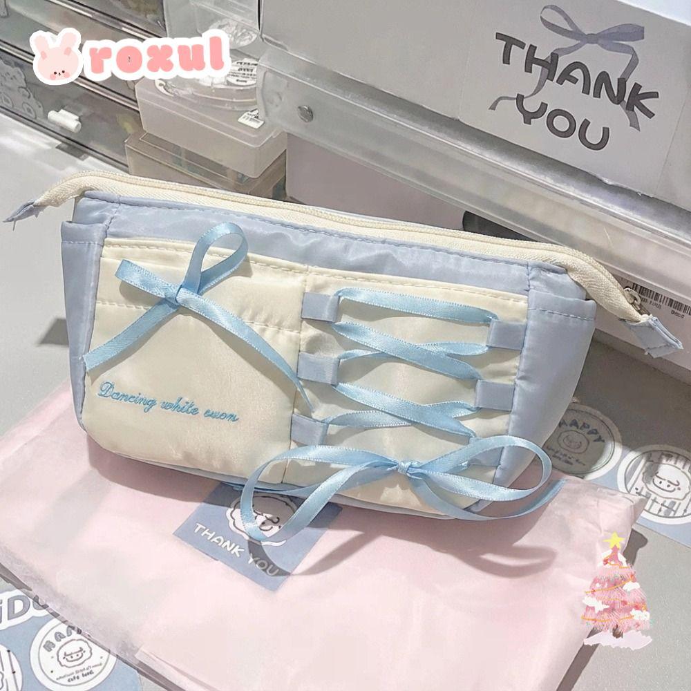 Bút chì ROXUL, Nơ Ribbon Túi đựng bút dung tích lớn, Túi văn phòng phẩm phong cách múa ba lê màu xan