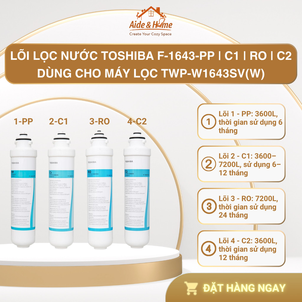 Lõi lọc nước Toshiba F-1643-RO | Combo 3 lõi PP C1 C2 | Combo 4 lõi PP C1 C2 RO (dùng cho TWP-W1643S