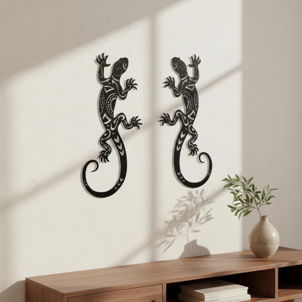2 Miếng Thiết Kế Phác Thảo Gecko Trang Trí Tường Rỗng Hoa Văn Kim Loại Đen Gecko Bộ Cho Ngoài Trời, 