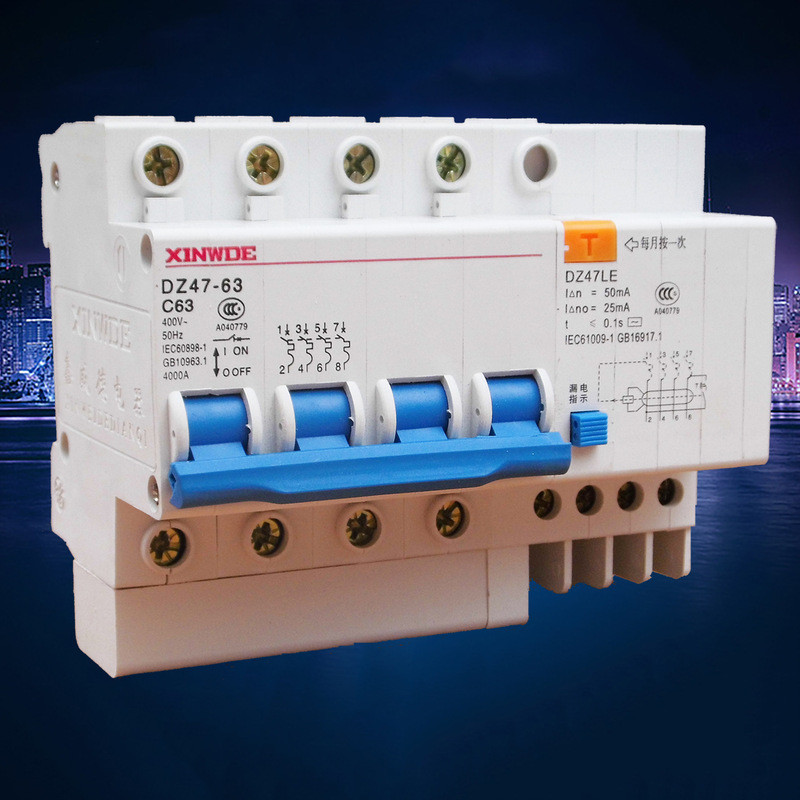 Bộ ngắt mạch nhỏ Xinweide DZ47LE-63 Công tắc không khí 4P có ngắt mạch bảo vệ rò rỉ 50A