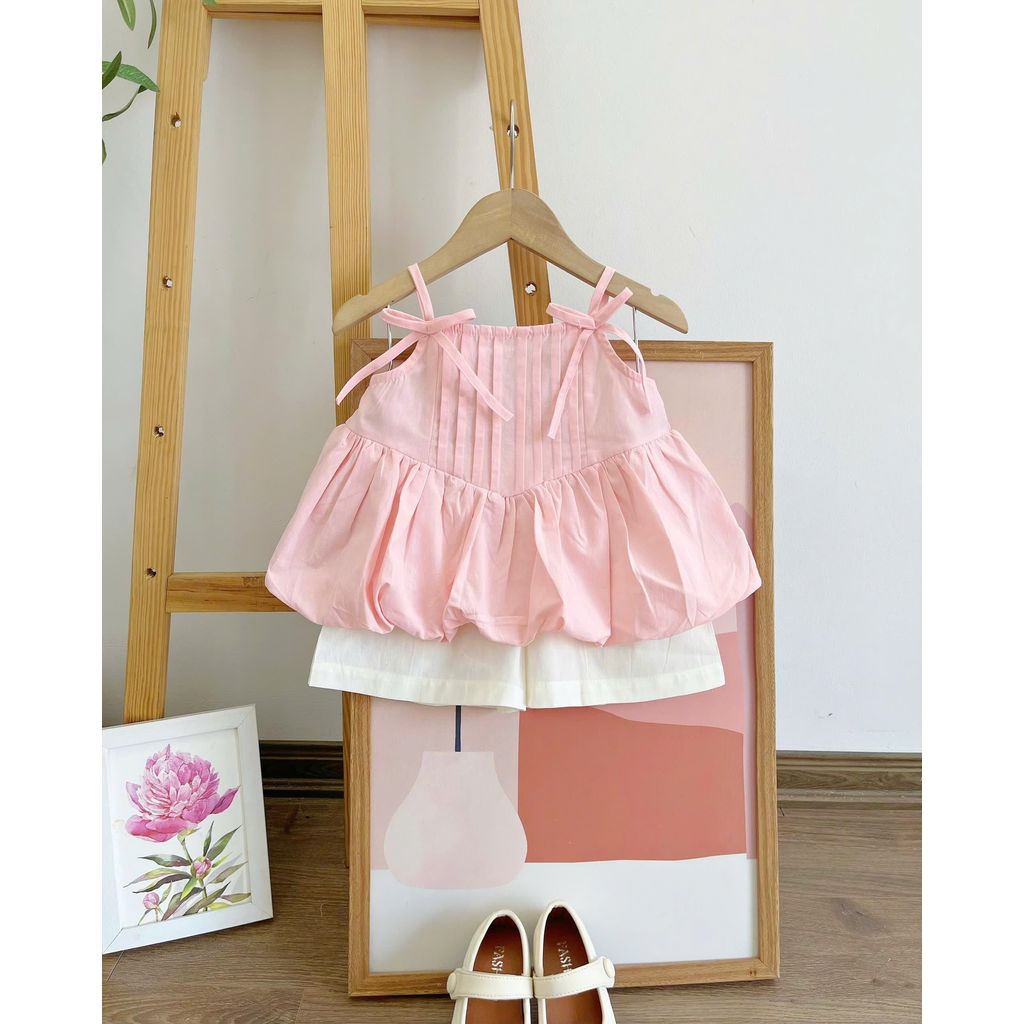 [Coco Tiny] M65 - Set áo 2 dây nơ + quần short bé gái xanh pastel/hồng tiểu thư, đồ bộ mùa hè cho bé