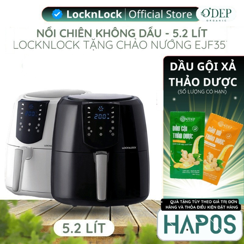 Nồi chiên không dầu điện tử 5,2L LocknLock Chính hãng, Kèm chảo nướng bánh EJF357BLK 1800W - HAPOS L