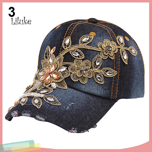 LK Nữ Dập Nổi Hoa Denim Mũ Bóng Chày Mùa Hè Kim Cương Giả Snapback Mũ Quần Jean