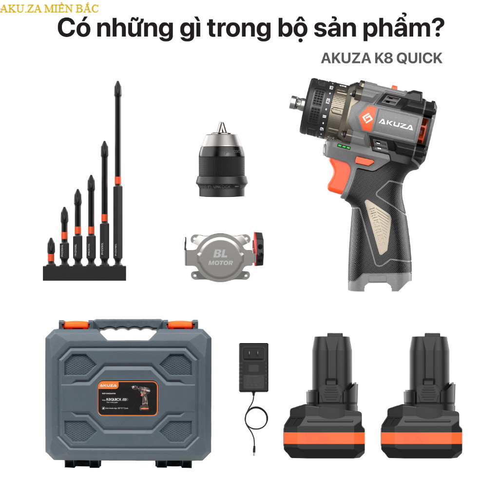 {Bản Nâng Cấp} Khoan AKUZA K8 Có Búa- Không Chổi Than Đầu Kẹp Autolook 10mm +quà AKUZA miền bắc