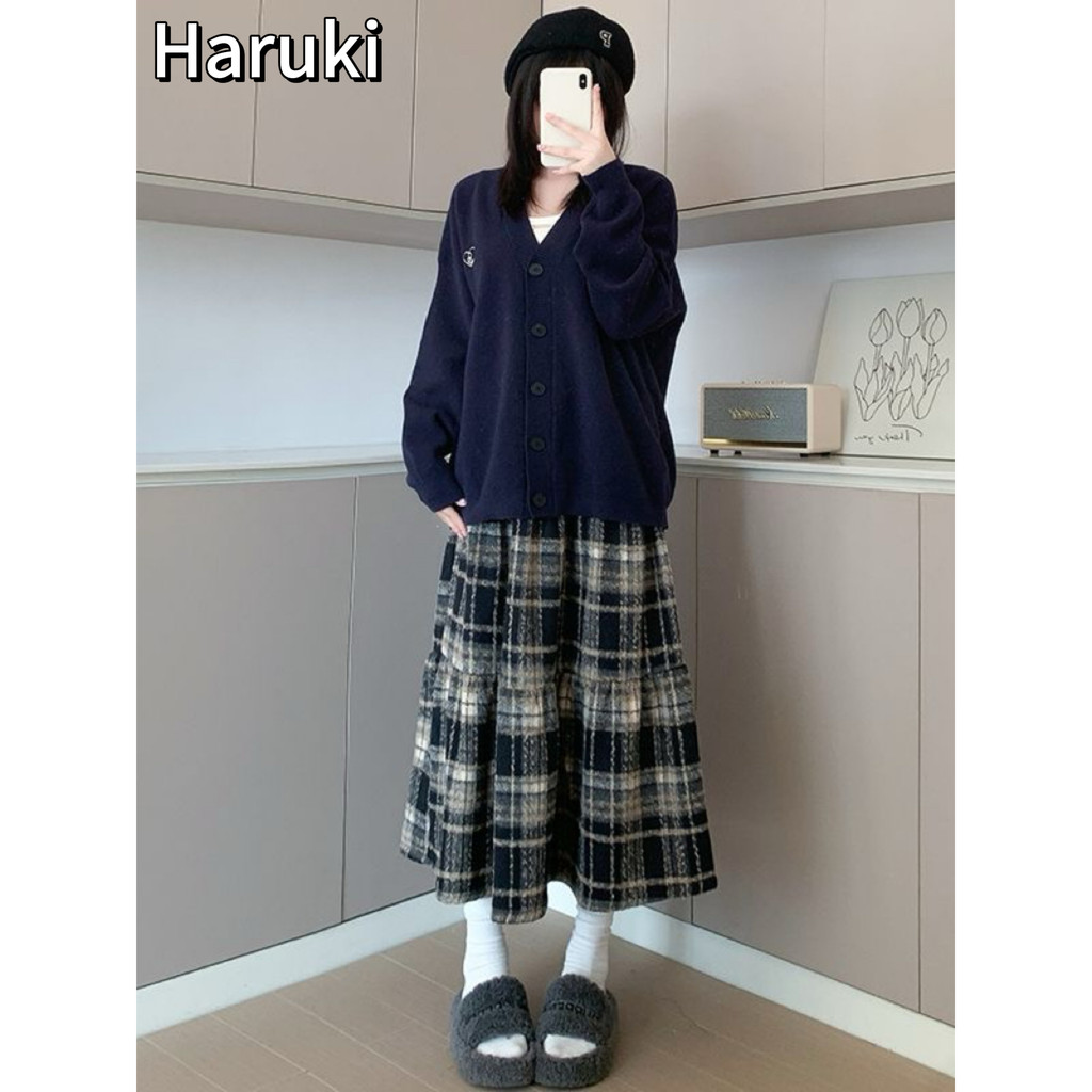 Chân váy dài kẻ caro kiểu Hàn Quốc, chân váy chữ A cạp cao kẻ sọc, phong cách Mori girl cổ điển，đông