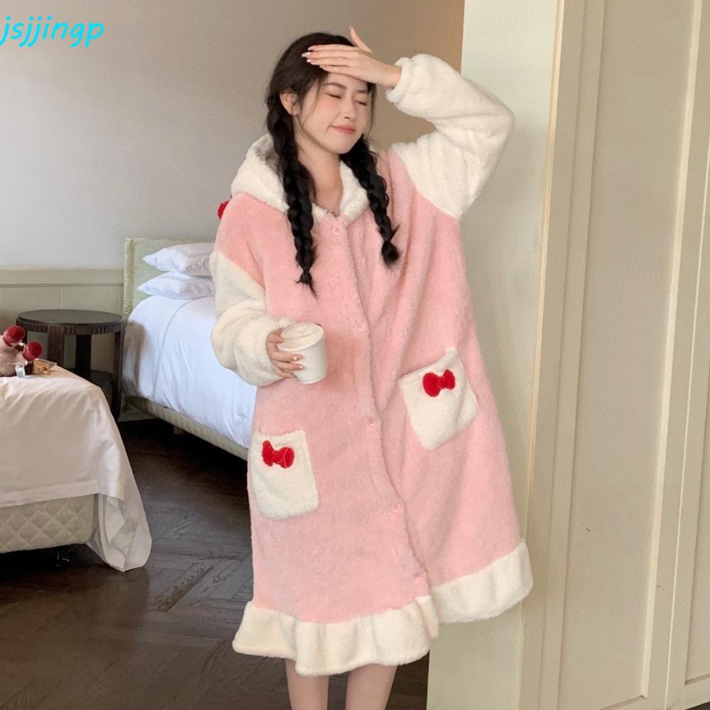 JSJJINGP Kitty Cat Robes Nightdress, Flannel Bowknot Cartoon Sleepsuit, Kawaii Pyjama Ruffle Plush C