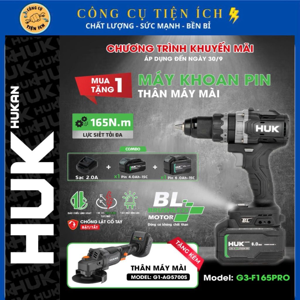 [Tặng Mài AG5700S] Máy Khoan Pin HUKAN G3-F165PRO, Lực Siết 165N.m, Có ANTI KICKBACK - TẠO XUNG, Chu