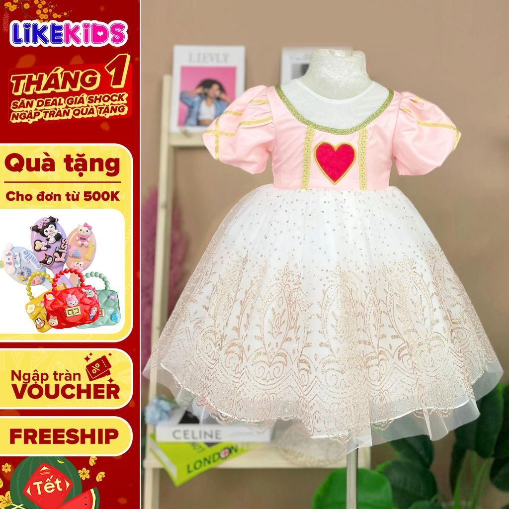 Đầm công chúa phi mờ cho bé gái họa tiết TRÁI TIM LikeKids C14
