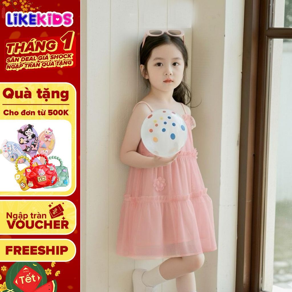 Đầm công chúa bé gái 2 dây xoè tầng chất voan mềm, phối nơ BÈO HOA cute MH1 D29  – LikeKids