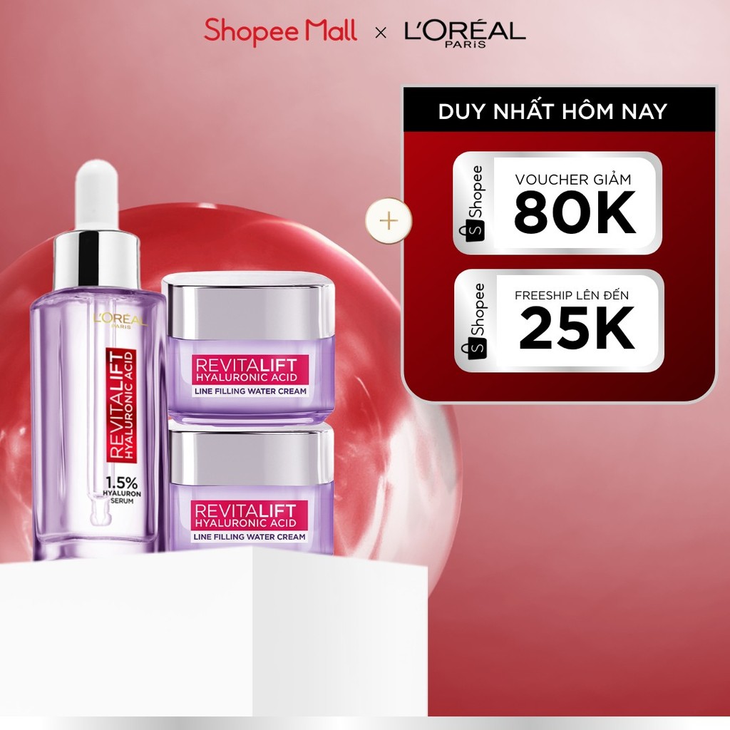 Bộ Serum 30ml và 2 kem dưỡng siêu cấp ẩm và giảm nếp nhăn 15ml x2 L'Oreal Paris Revitalift HA 1.5%