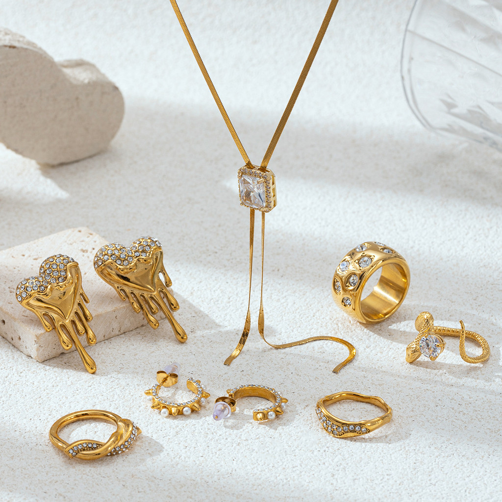 Tina Steel Jewellery Set - Vòng cổ thép không gỉ với đá zircon kẻ sọc, thiết kế châu Âu hiện đại