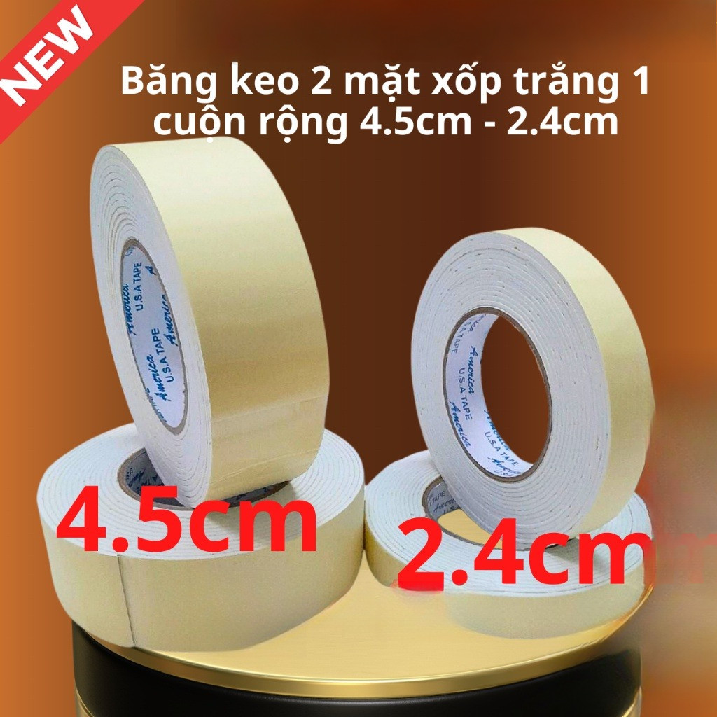 (1 Cuộn) Băng keo 2 mặt xốp trắng, rộng 2.4cm - rộng 4.5 cm, dầy 3mm, dài 6 mét, lõi giấy 3mm.