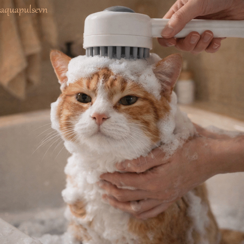 AQUA Pet Hair Brush Remover, Press Type Silicone Soft Teeth Cat Bath Cleaning Brush, Massage Brush Đ