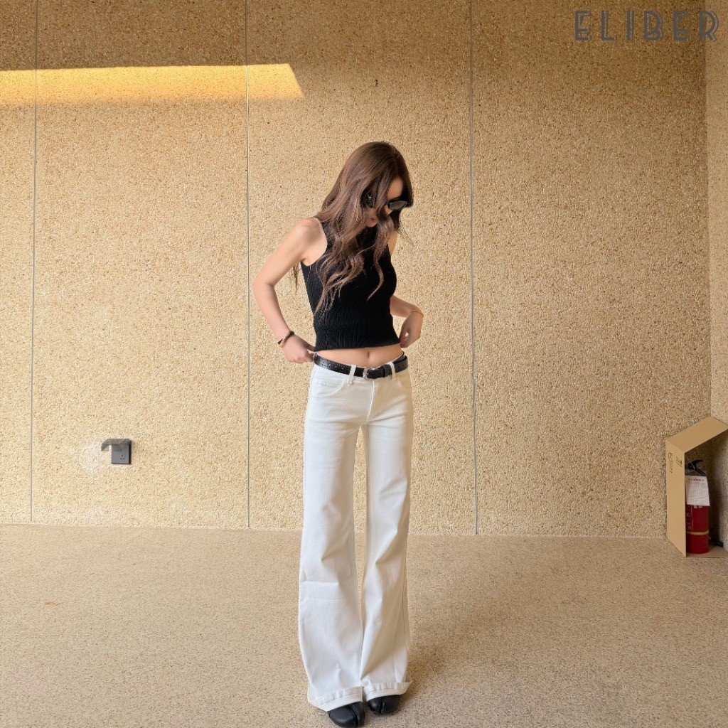 ELIBER- Quần Jean Trắng, Cạp Thấp, Quần Siêu Loe Hàn Quốc, Nữ, Kiểu Mới, Mỏng #840