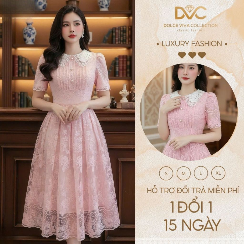 Đầm Ren Hồng Pastel DS6791 – Váy Xòe Thanh Lịch DVC Đi Tiệc, Dạo Phố - Chính Hãng DVC
