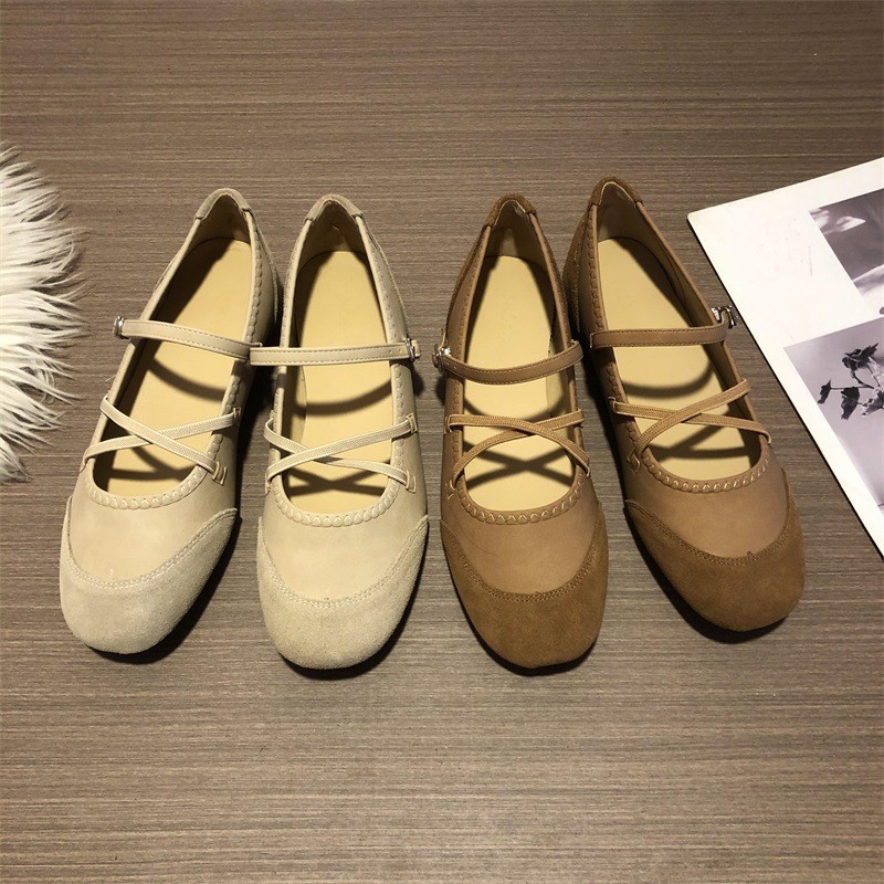 Phong Cách Pháp Mũi Vuông Flat Cross Strap Ballet Flats Cho Nữ Với Dây Co Giãn Mary Jane Nông Miệng 