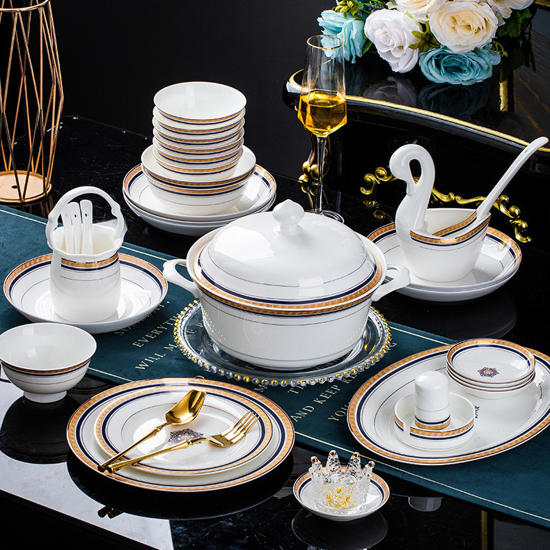 Bộ bát đĩa gốm sứ Jingdezhen, bộ đồ ăn gia đình sang trọng viền vàng, bộ bát đĩa xương sứ hoàn chỉnh