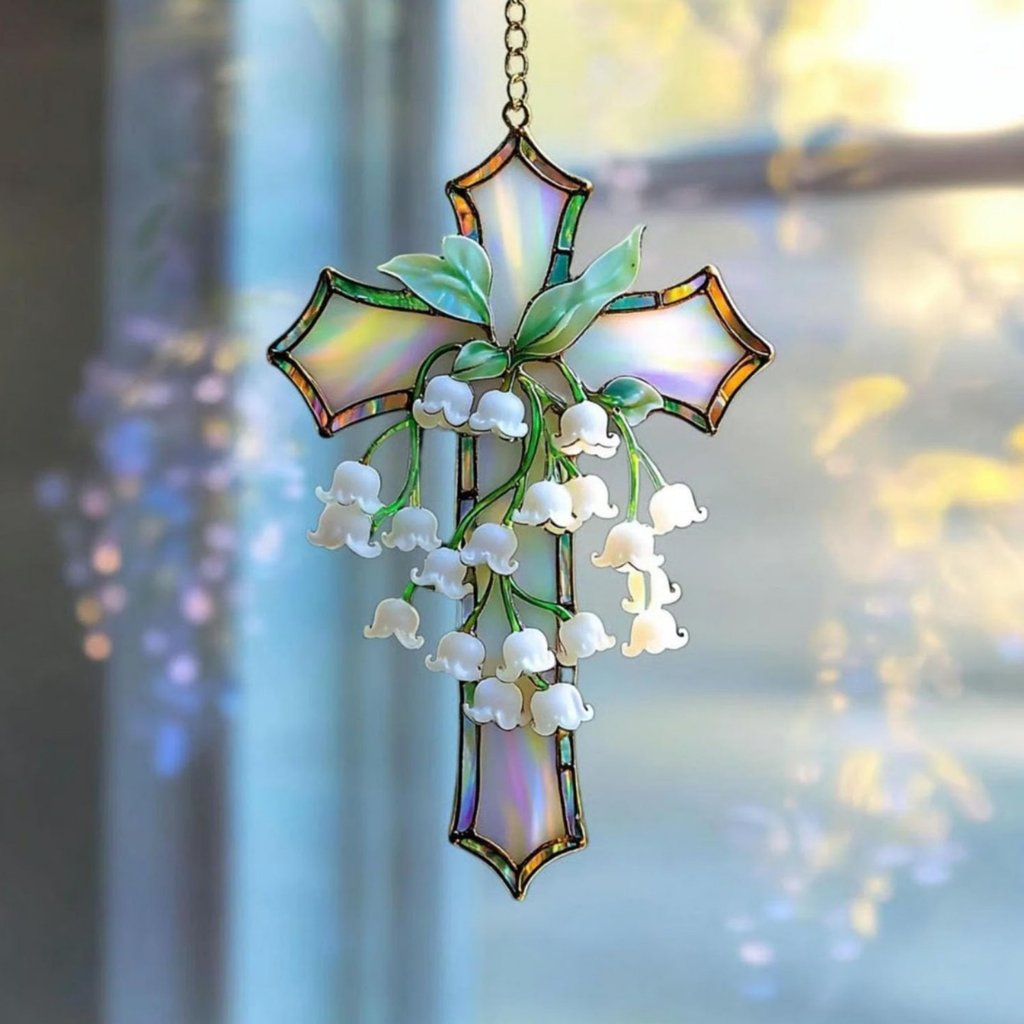 Món quà hoàn hảo Lily of the Valley Cross Iridescent Finish Lily of the Valley Suncatcher Handmade c