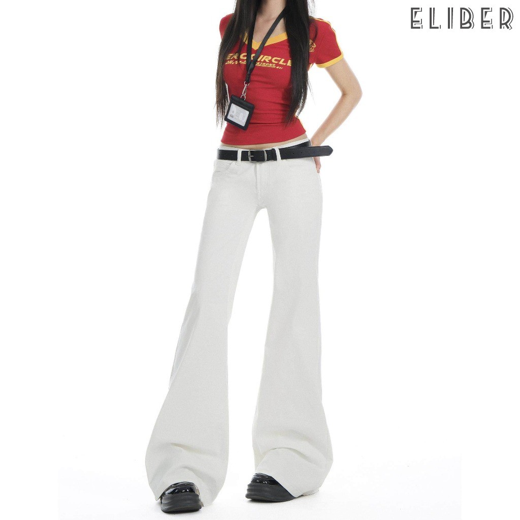 ELIBER- Quần Jean Trắng, Cạp Thấp, Quần Siêu Loe Hàn Quốc, Nữ, Kiểu Mới, Mỏng #840