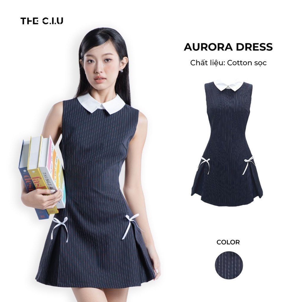 Đầm nữ cổ sơ mi trắng phối nơ THE C.I.U, đầm không tay form xòe nhẹ chất cotton sọc thanh lịch – Aurora Dress | BigBuy360 - bigbuy360.vn