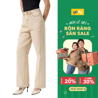   SALE 50%  Quần Jeans Nữ Yody Ống Rộng Cạp Cao Can Phối Cắt xẻ cá tính thoải mái TRA - QJN7050 