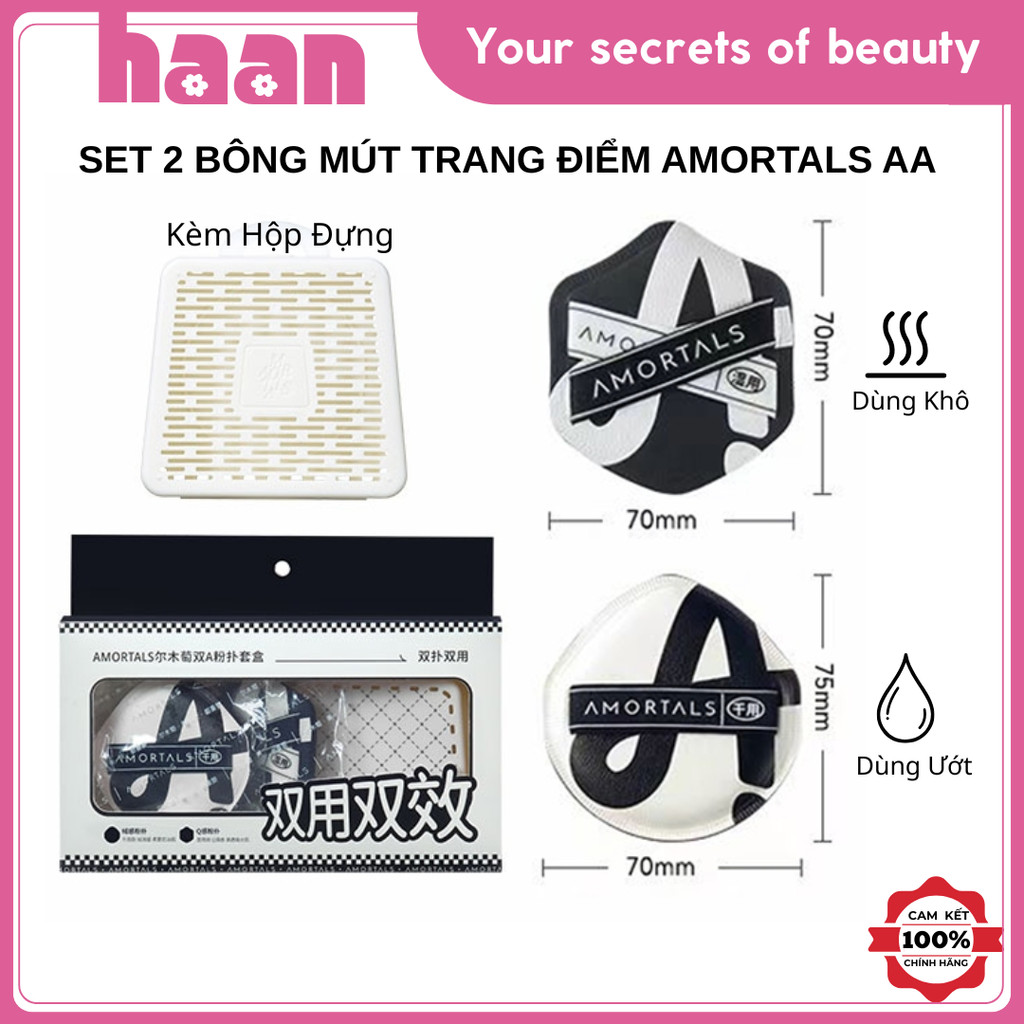 [KÈM HỘP] Set 2 Bông Mút Amortals Double A Powder Puff, Mút Trang Điểm Amortals AA, Mút Tán Kem Nền