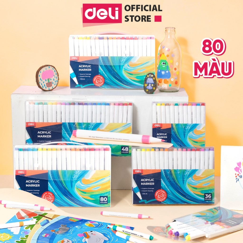 Bút Sơn Acrylic Marker 80 Màu Deli Cao Cấp Màu Tươi Sáng Vẽ Trên Mọi Chất Liệu Chồng Màu Được
